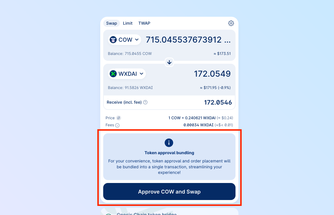 Approval and order placement bundle with Safe CoW Swap app. View of CoW Swap SWAP form.