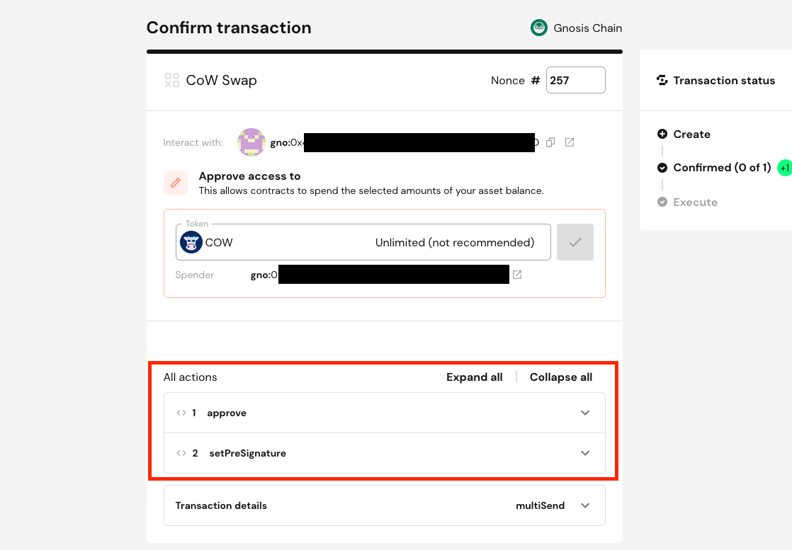 Approval and order placement bundle with Safe CoW Swap app. View of Safe's Confirm transaction screen.